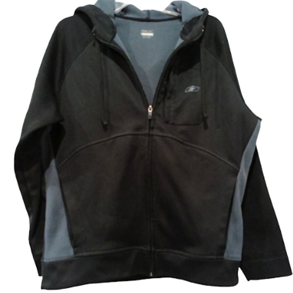 REEBOK FULL ZIP, FLEECE LINED, HOODED, BLACK & GRAY JACKET, MEDIUM